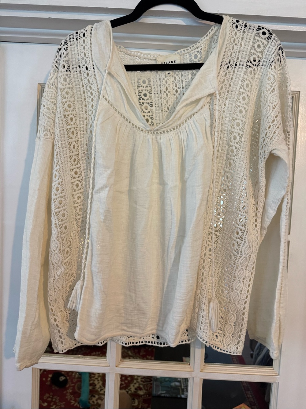 Sezane Cream Crochet-Detail Peasant Top Sz 38 / US medium